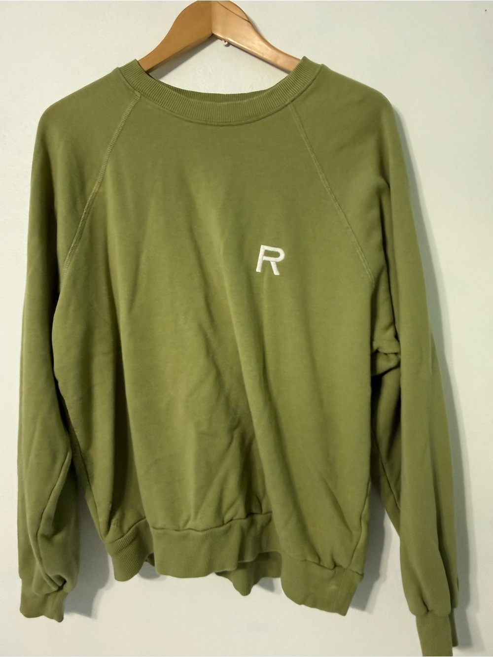 Ragdoll L.A. Olive Crewneck Sweater with White 'R' Embroidery flaw